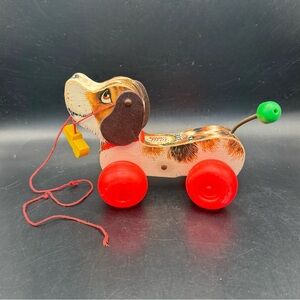 Vintage 1965 Fisher Price Little Snoopy #693 Wooden Pull Toy Dog with Wood Shoe